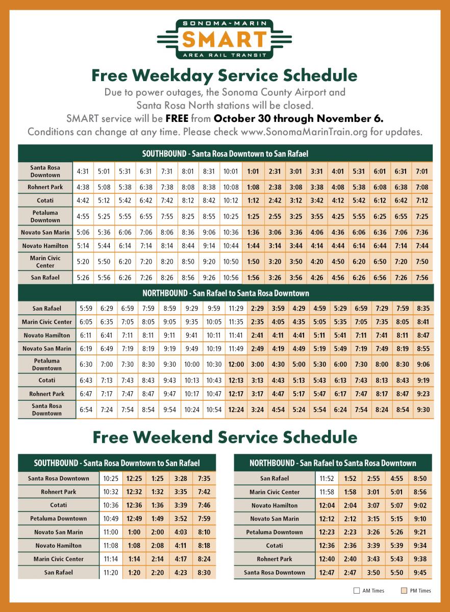 SMART Will Run Free Limited Service Wednesday, October 30 - Wednesday, November 6 | Sonoma-Marin